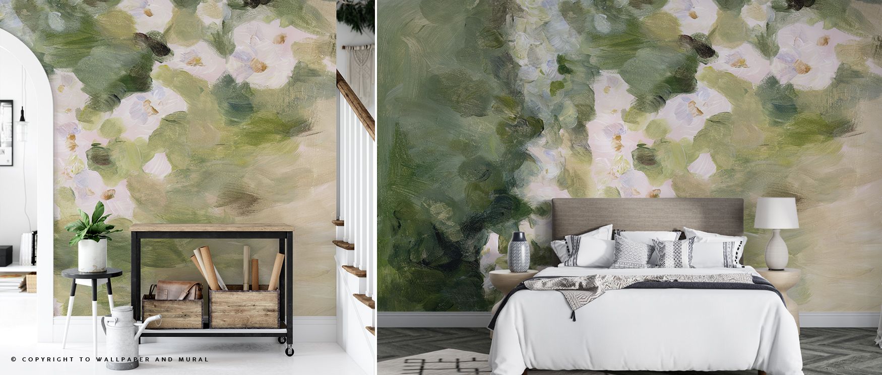 Gentle textures breathe through Midsummer Meadow as color gradients evoke the openness of a summer horizon. Delicate strokes of cream and green suggest calm motion. The mural invites light and serenity, blending artistic craftsmanship with organic beauty.