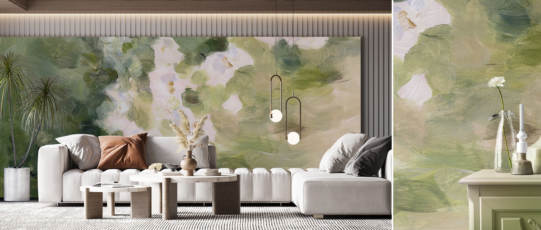 Blossoms unfold across rolling color in Midsummer Meadow, their soft contours painted in airy harmony. Gentle shades of moss and ivory flow together, creating motion within stillness. The mural embodies renewal and joy, adding natural dimension to interio