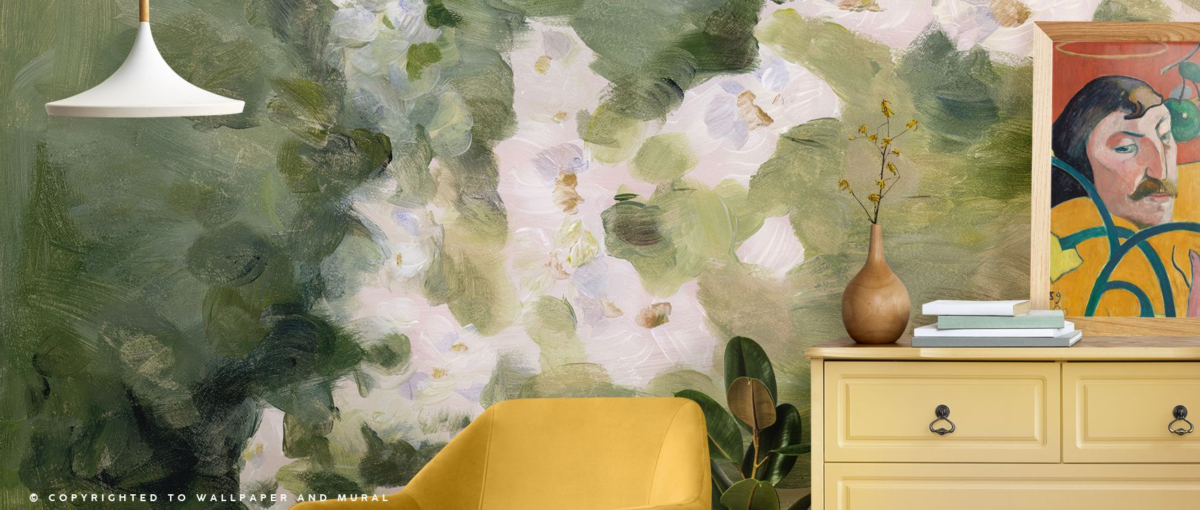 Golden threads of light weave through the verdant depths of Midsummer Meadow, shimmering with warmth and movement. Each stroke evokes the dance of wind and petal under the sun. The mural enhances interiors with soft luminosity and balance, bringing natura