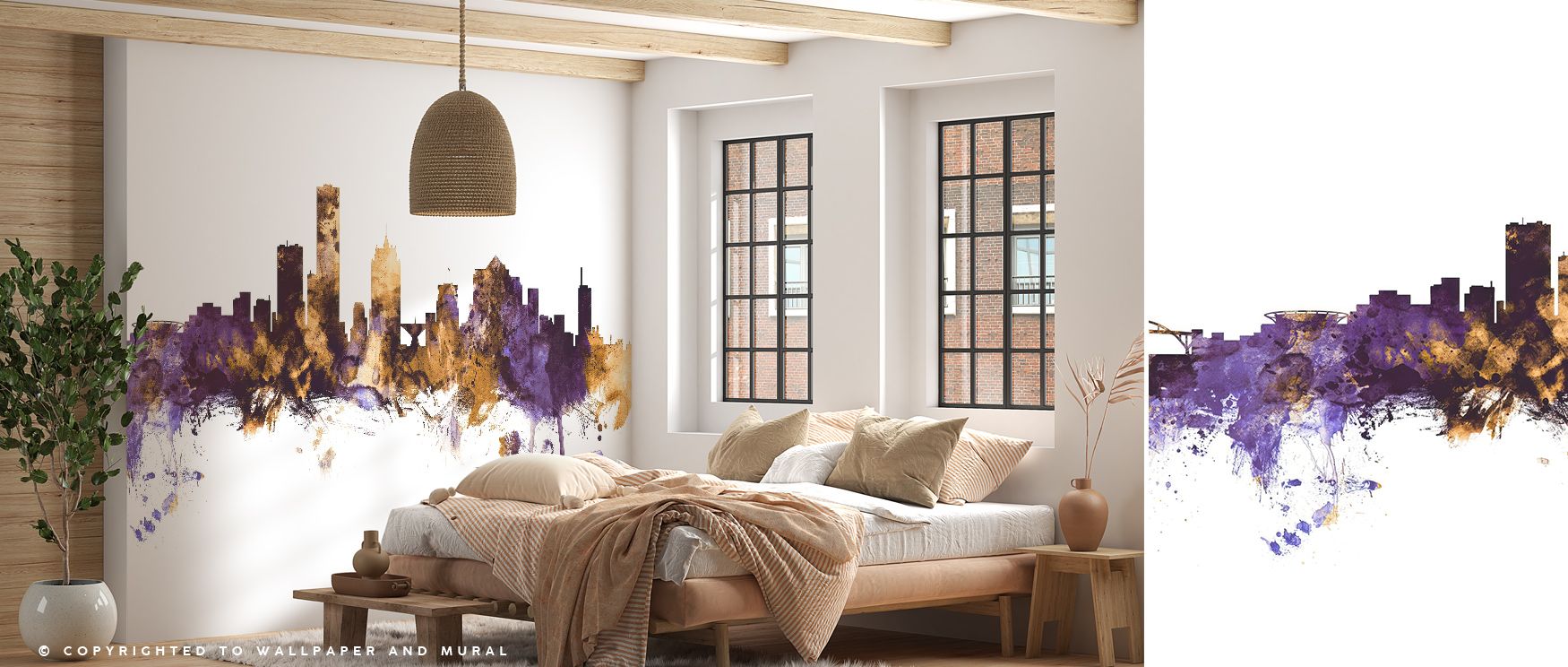 Soft gradients of violet meet gleaming highlights of gold in this refined portrayal of Milwaukee. The skyline emerges like music in motion, resonating with light and proportion. Its layered texture invites serenity, turning walls into quiet expressions of