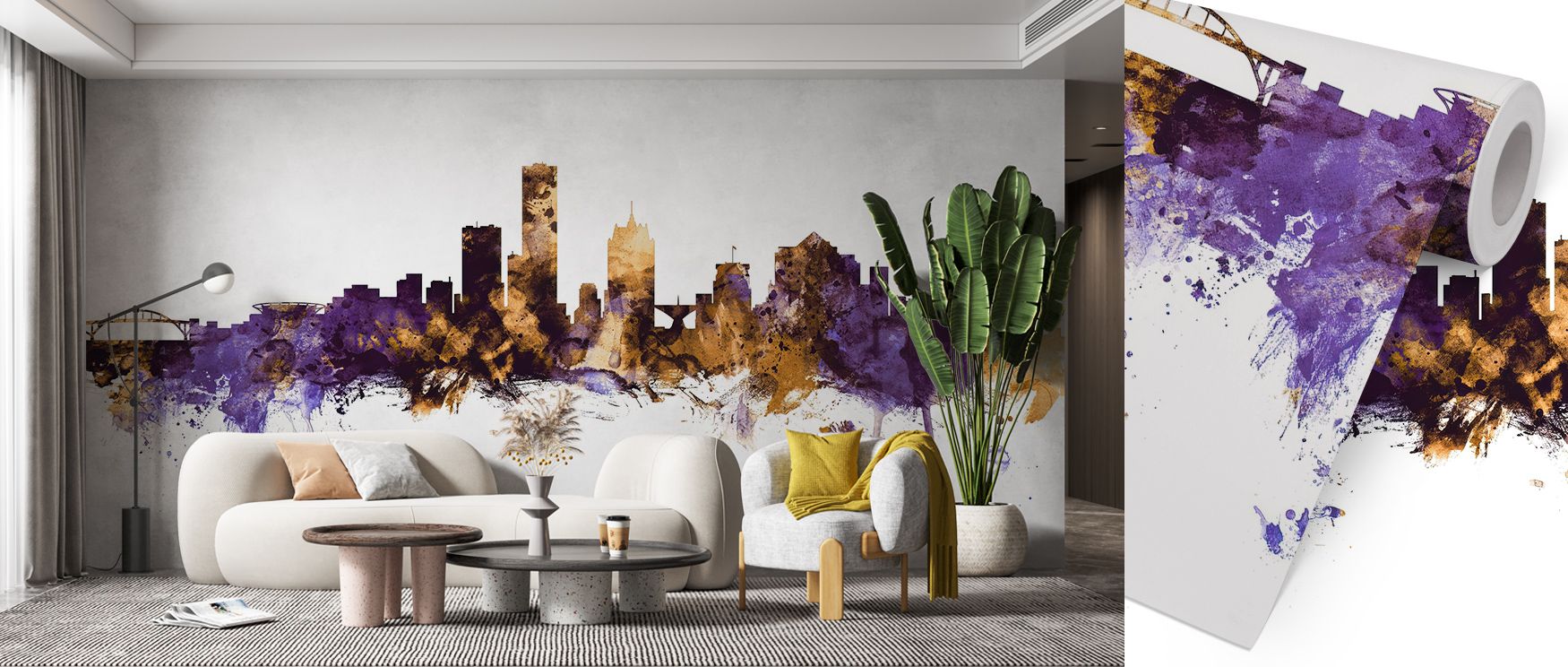 Glistening purple tones merge with golden reflections in a skyline alive with evening light. Milwaukee Wisconsin Skyline Purple & Gold conveys strength and beauty through smooth gradients and structure. The mural exudes warmth, enhancing interiors with co