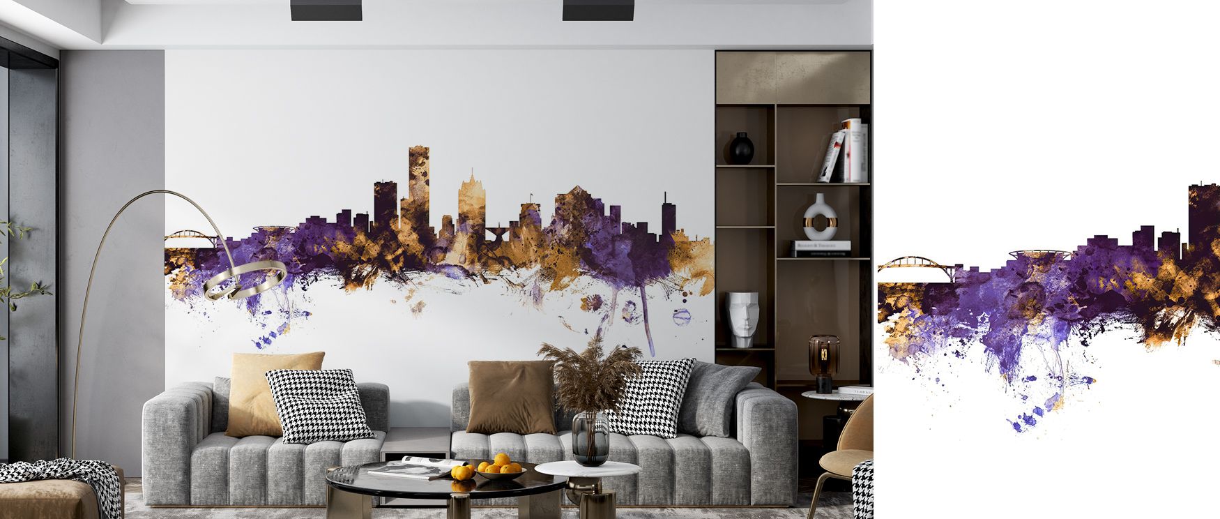 A horizon of purple light meets shimmering architecture in Milwaukee Wisconsin Skyline Purple & Gold, revealing a landscape alive with rhythm and glow. Golden undertones dance through layered forms, giving the city texture and depth. The mural creates har