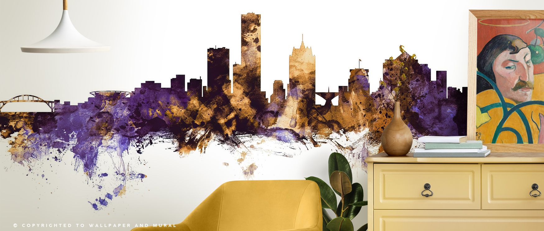 Glowing towers rise against twilight in Milwaukee Wisconsin Skyline Purple & Gold, an artwork that captures the balance between motion and stillness. Each line gleams gently with texture and grace. The design enriches interiors with modern refinement, inv