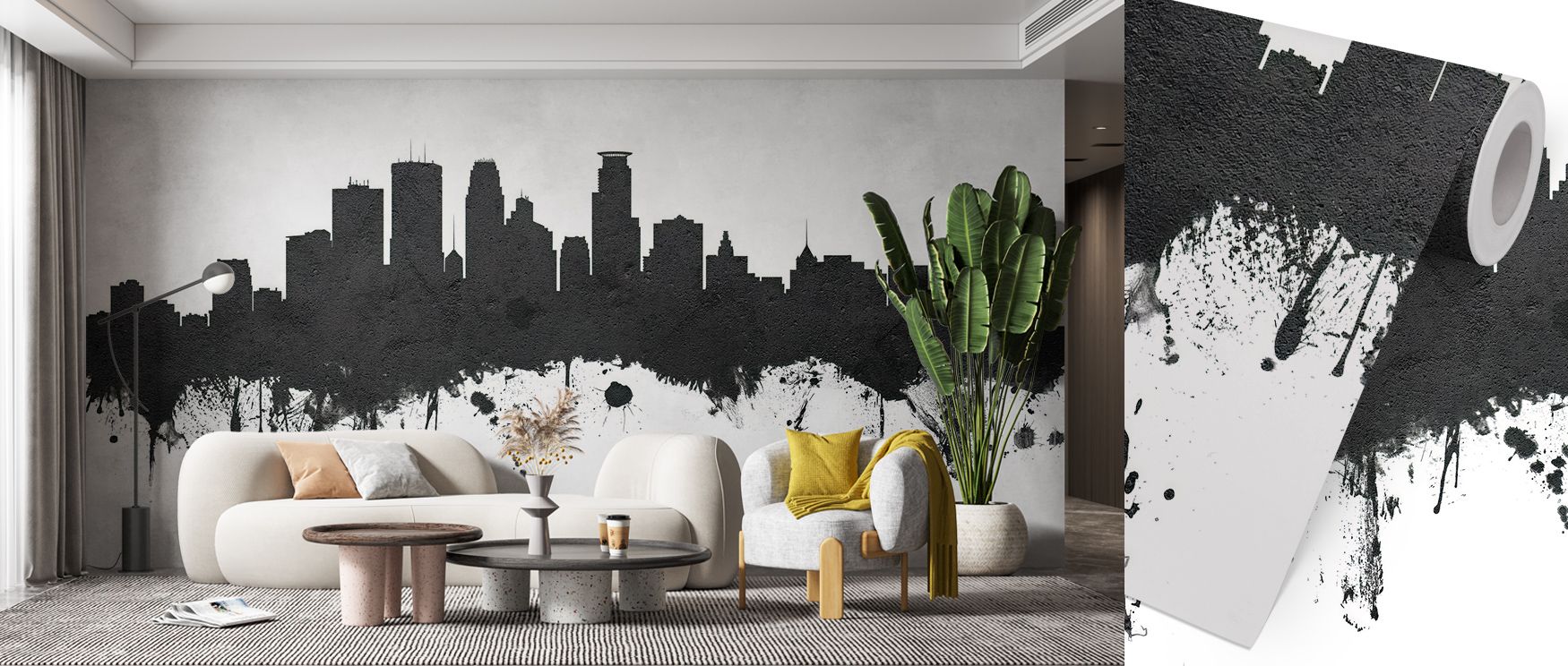 Misty hues of white and gray blend across Minneapolis Minnesota Skyline Black & White, softening edges into smooth visual flow. The mural’s structure remains strong yet gentle, evoking equilibrium between movement and calm. Designed for interiors defined 