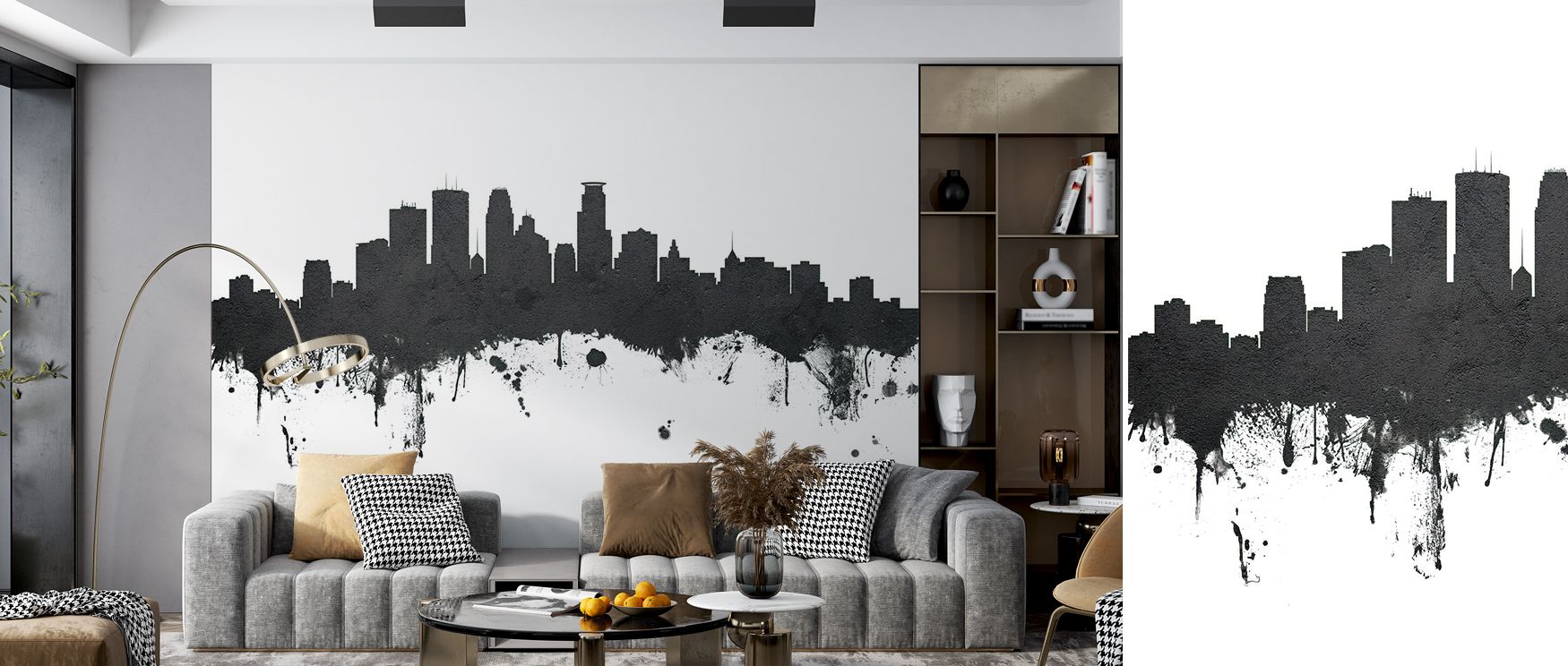 A medley of silvers and deep charcoals paint the Minneapolis skyline in serene rhythm. The mural unites strength and stillness, allowing interiors to breathe with quiet balance. Each shape glows with precision, offering a minimalist composition that celeb