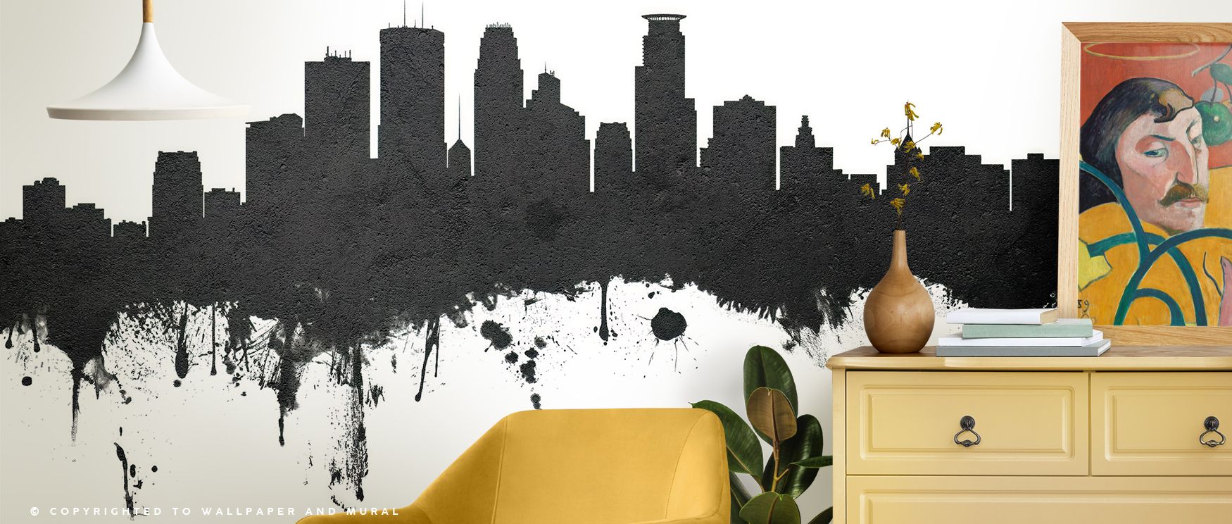 Reflections shimmer faintly across Minneapolis Minnesota Skyline Black & White, revealing lines that feel both modern and eternal. The mural’s delicate contrast highlights structure and emotion alike, creating spaces of calm dignity and visual sophisticat