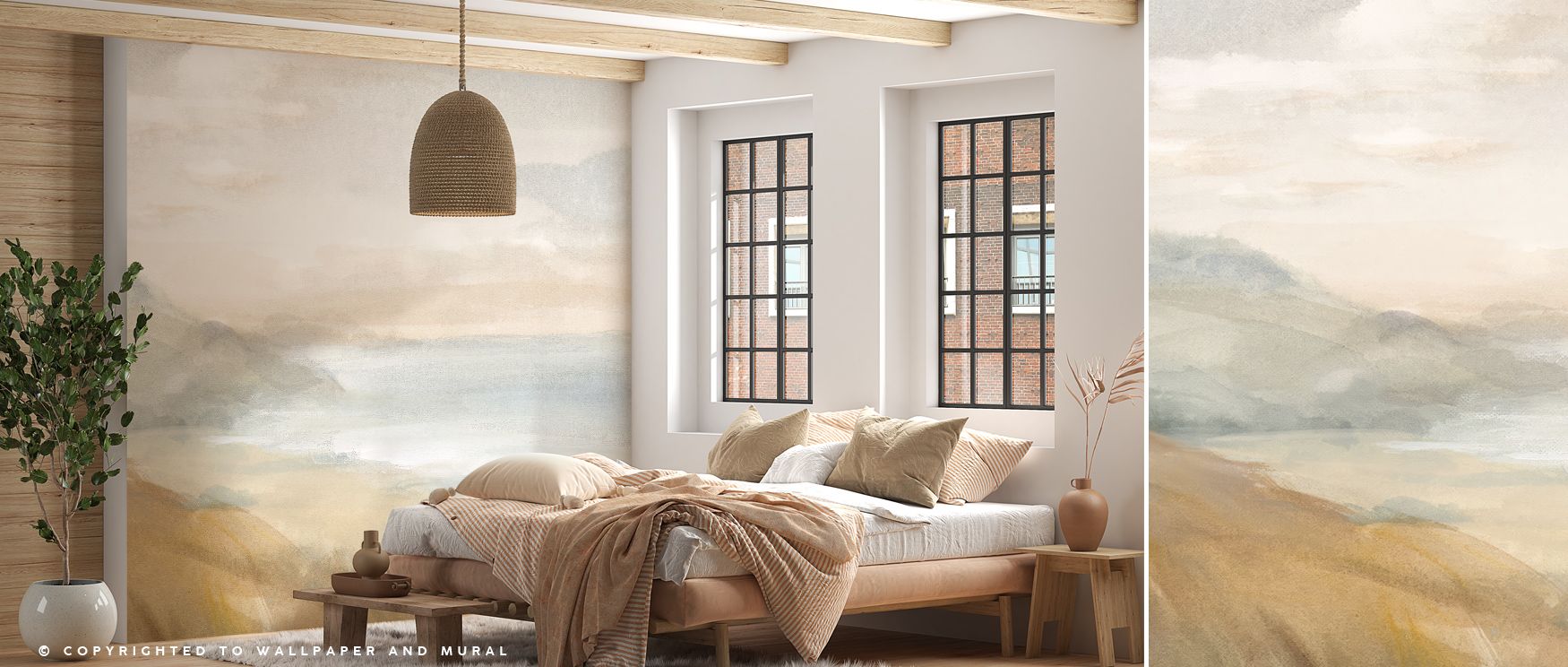 Cool tones flow through Misty on the Headlands, painting a delicate landscape of haze and reflection. The mural balances earth and air, conveying the stillness of morning on a coastal horizon. Its layered tones inspire tranquility, creating interiors fill