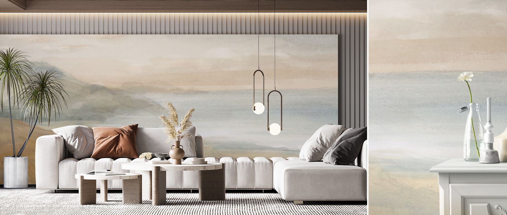 Delicate bands of mist stretch over coastal ridges, revealing the understated majesty of Misty on the Headlands. Its composition feels infinite, blending atmosphere and earth into balanced tone. The mural radiates clarity and grace, enriching interiors wi