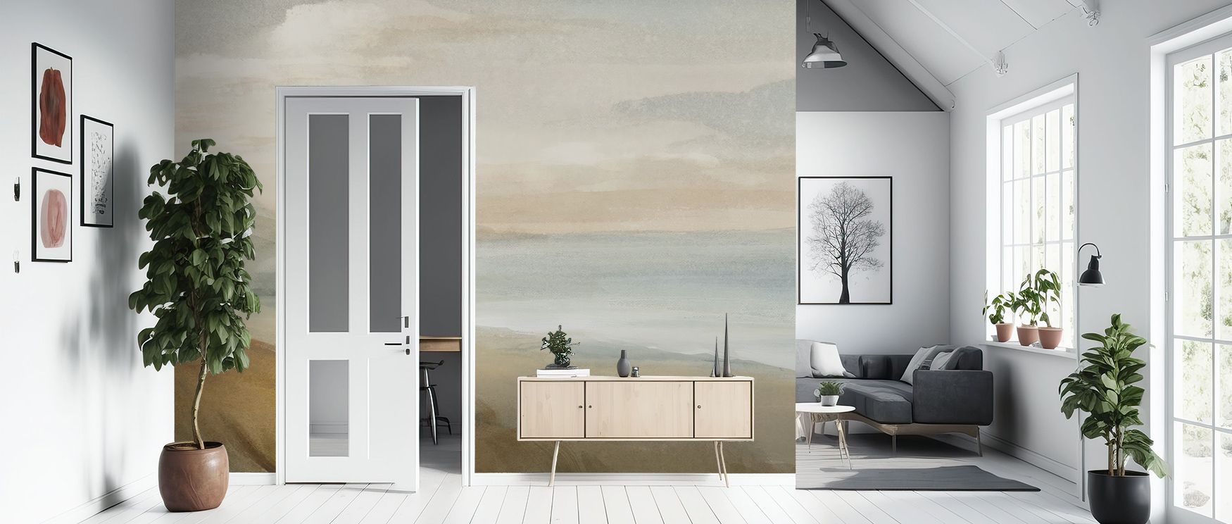 Waves of pale fog sweep across the horizon in Misty on the Headlands, their luminous tones whispering of distance and stillness. Each shade merges naturally, evoking calm reflection. The mural creates poetic immersion, enhancing interiors with harmony and