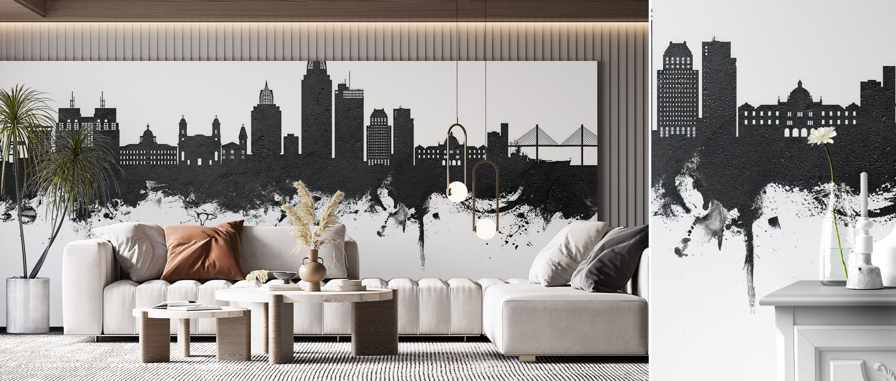 Forms emerge from pale light in Mobile Alabama Skyline Black & White Wallpaper, their contours precise yet fluid. The mural invites stillness through tone, embodying restraint and beauty. Ideal for reflective spaces, it enriches interiors with urban calm,