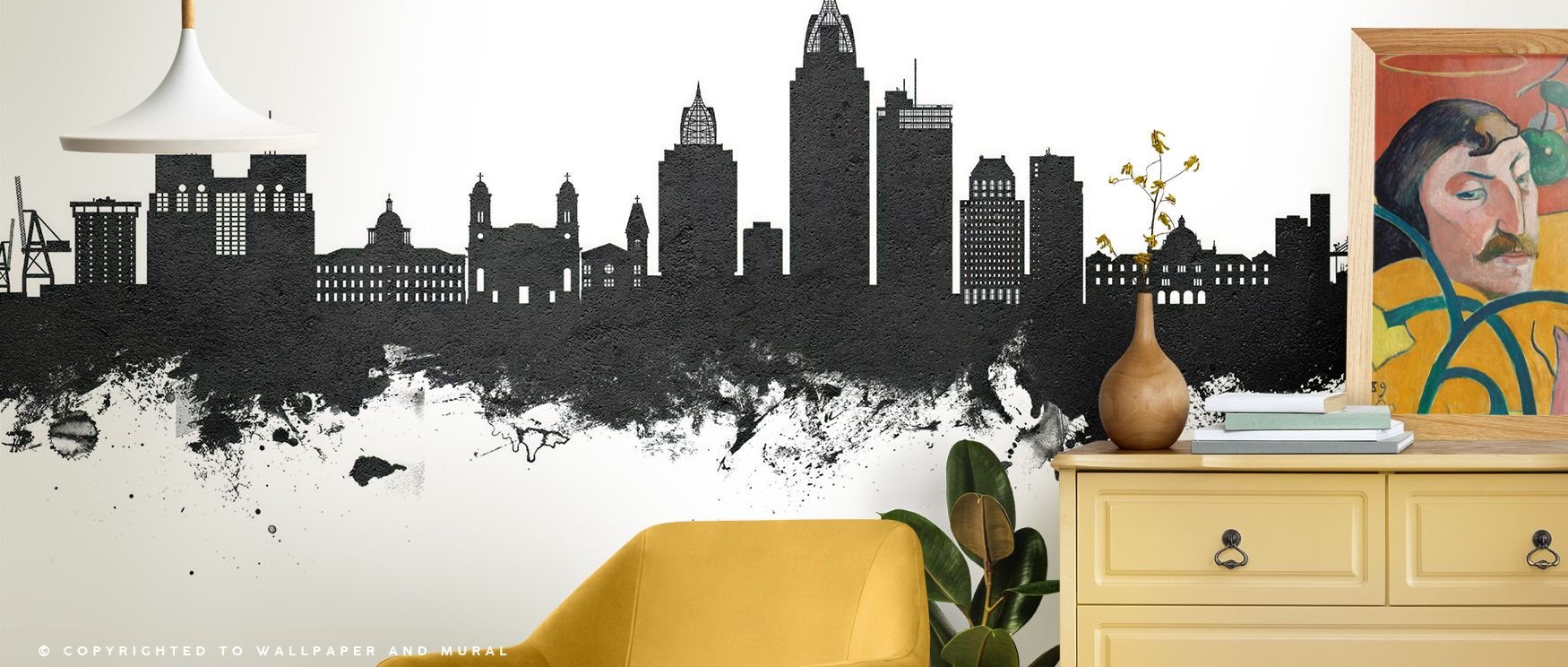 Crisp silhouettes rise through misted gradients, composing the balanced structure of Mobile Alabama Skyline Black & White Wallpaper. The mural glows softly, conveying serenity through proportion and tone. It transforms interiors into tranquil environments