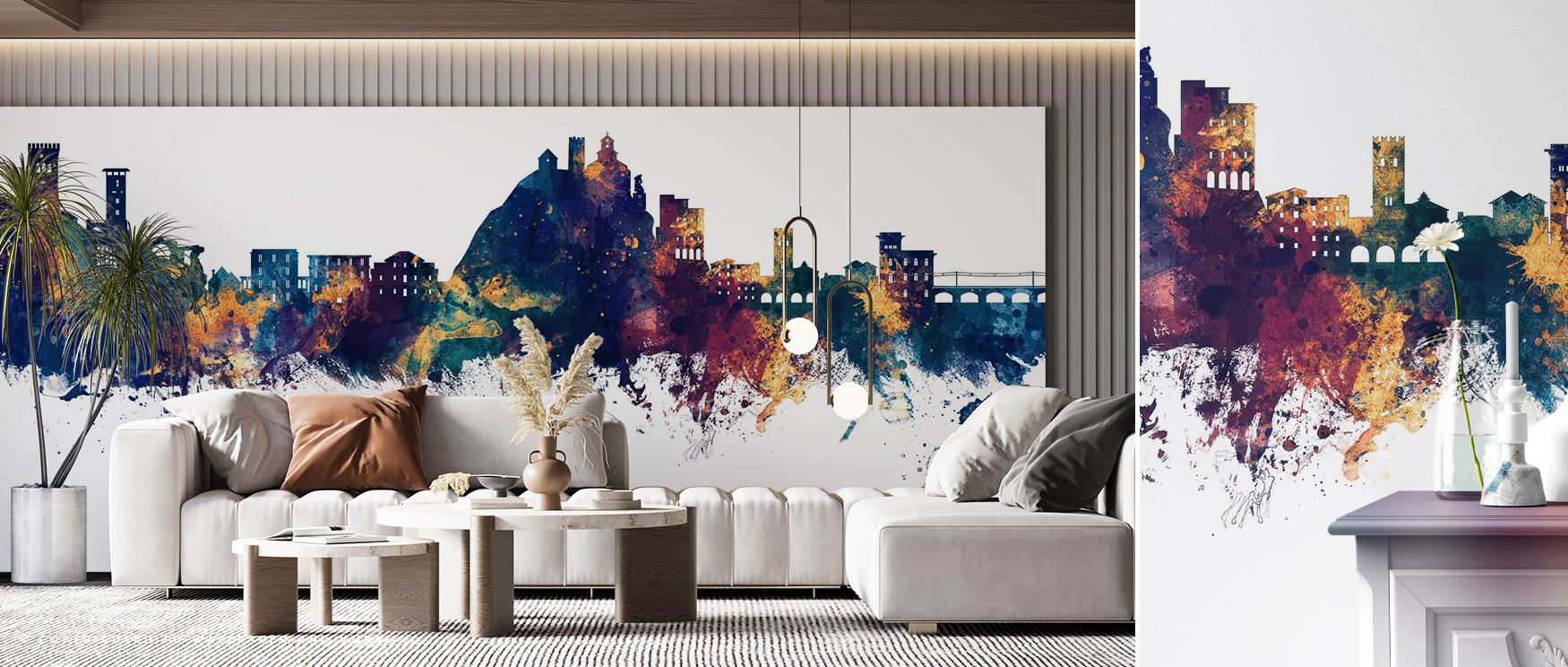 Radiant bronze highlights rise through cobalt shadows in Monterosso al Mare Italy Skyline Blue & Bronze Wallpaper, giving the skyline tranquil pulse. Each shape feels sculpted by light, balancing contrast and calm. The mural’s serene energy adds atmospher