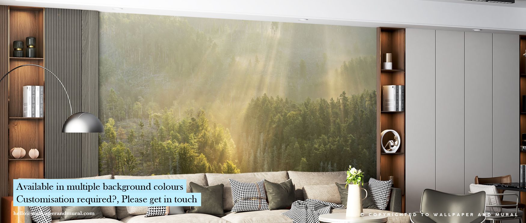 Silvered hues shimmer softly across Morning Fog Wallpaper, depicting fog as a poetic embrace between sky and land. The mural’s atmosphere carries calm and depth, wrapping interiors in gentle luminosity. It creates balance and clarity through controlled to