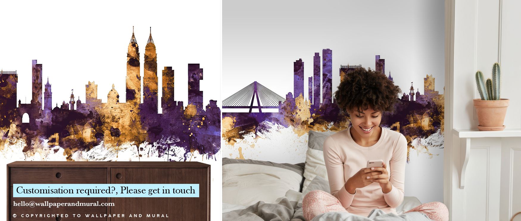 Radiant purple tones merge with bronze-gold light in Mumbai Skyline India Bombay Purple & Gold Wallpaper, crafting a cityscape of glowing brilliance. The mural’s harmony of tone and proportion reflects modern refinement, transforming interiors into lumino