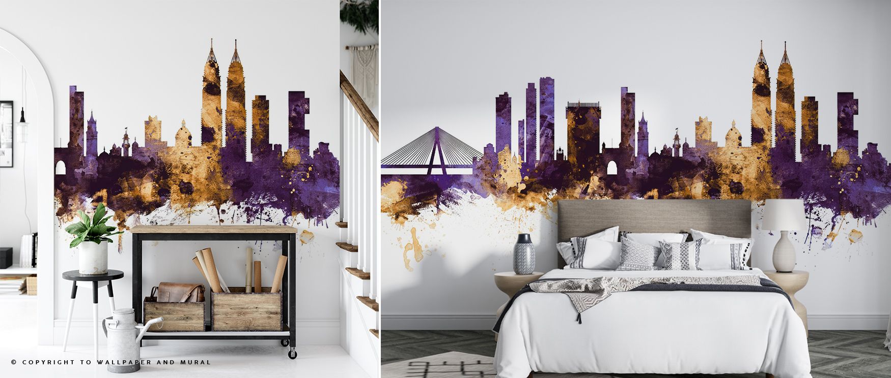 Sunlit gold shimmers through twilight tones across Mumbai Skyline India Bombay Purple & Gold Wallpaper, revealing the city’s beauty with balance and poise. The mural captures emotion and atmosphere, enriching interiors with reflective glow and contemporar
