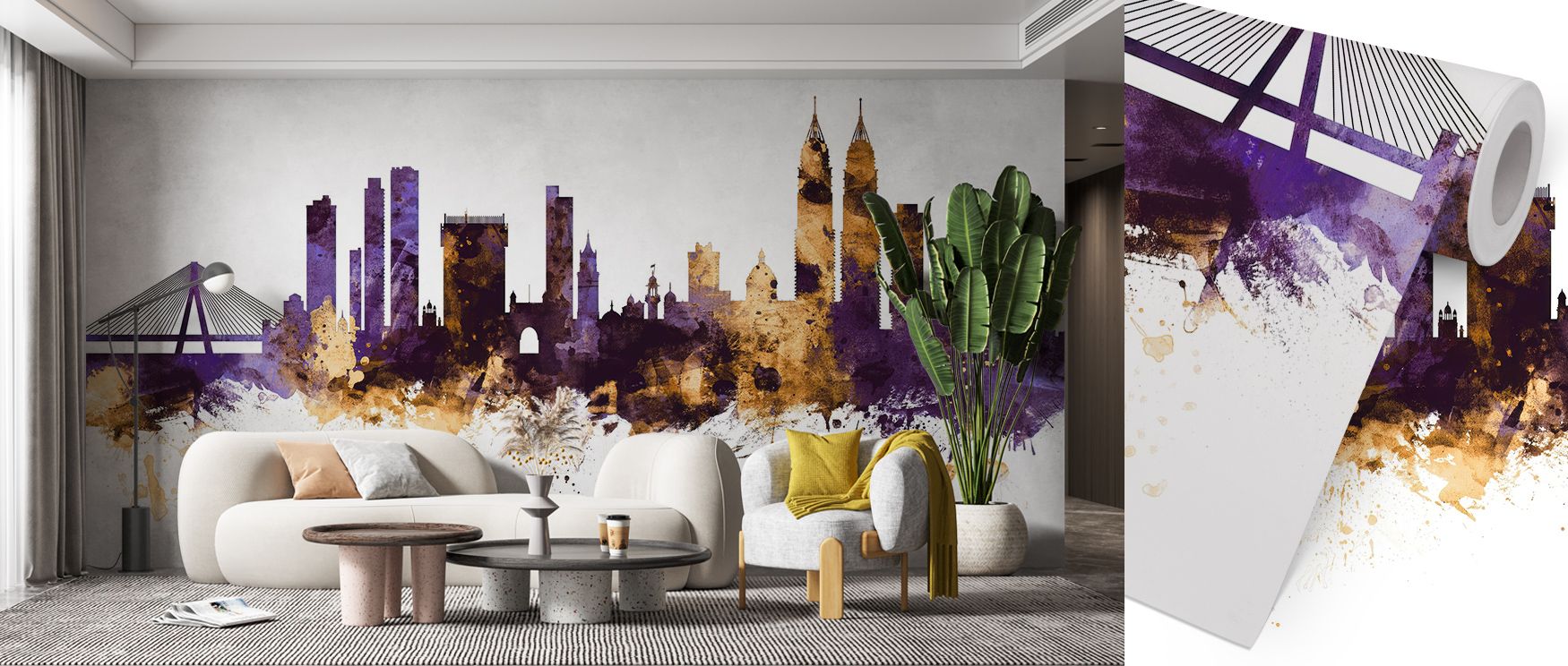 Warm golden edges trace the skyline across Mumbai Skyline India Bombay Purple & Gold Wallpaper, echoing the brilliance of evening horizons. Each layer carries harmony and composure, inviting calm into dynamic modern interiors. The mural embodies luxury th