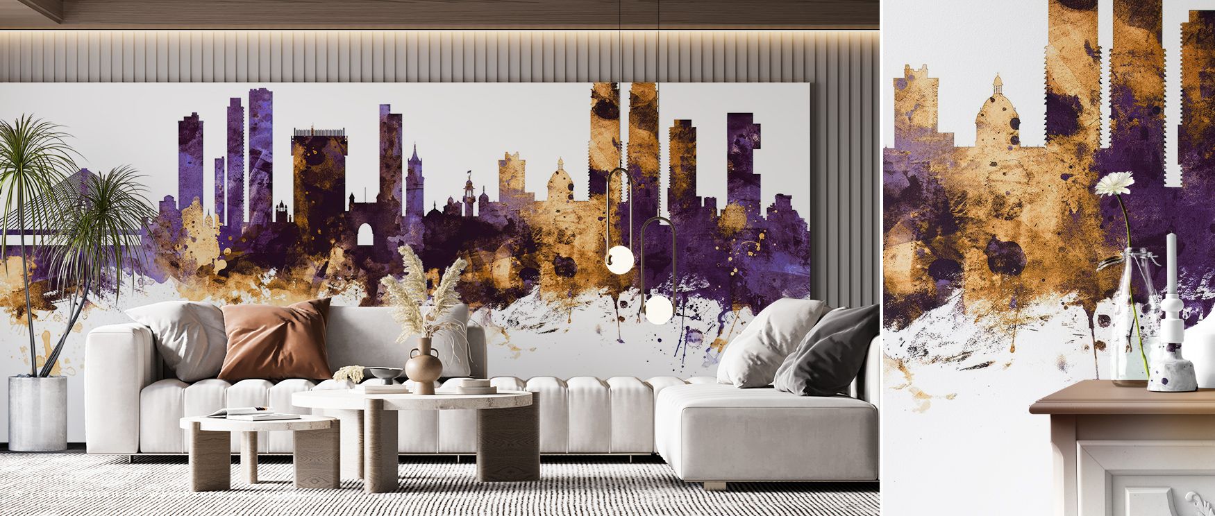 Shades of violet and metallic gold flow through Mumbai Skyline India Bombay Purple & Gold Wallpaper, depicting the city as a beacon of artistic harmony. Each element glows with quiet energy, enhancing interiors through rhythm, color, and light. The design
