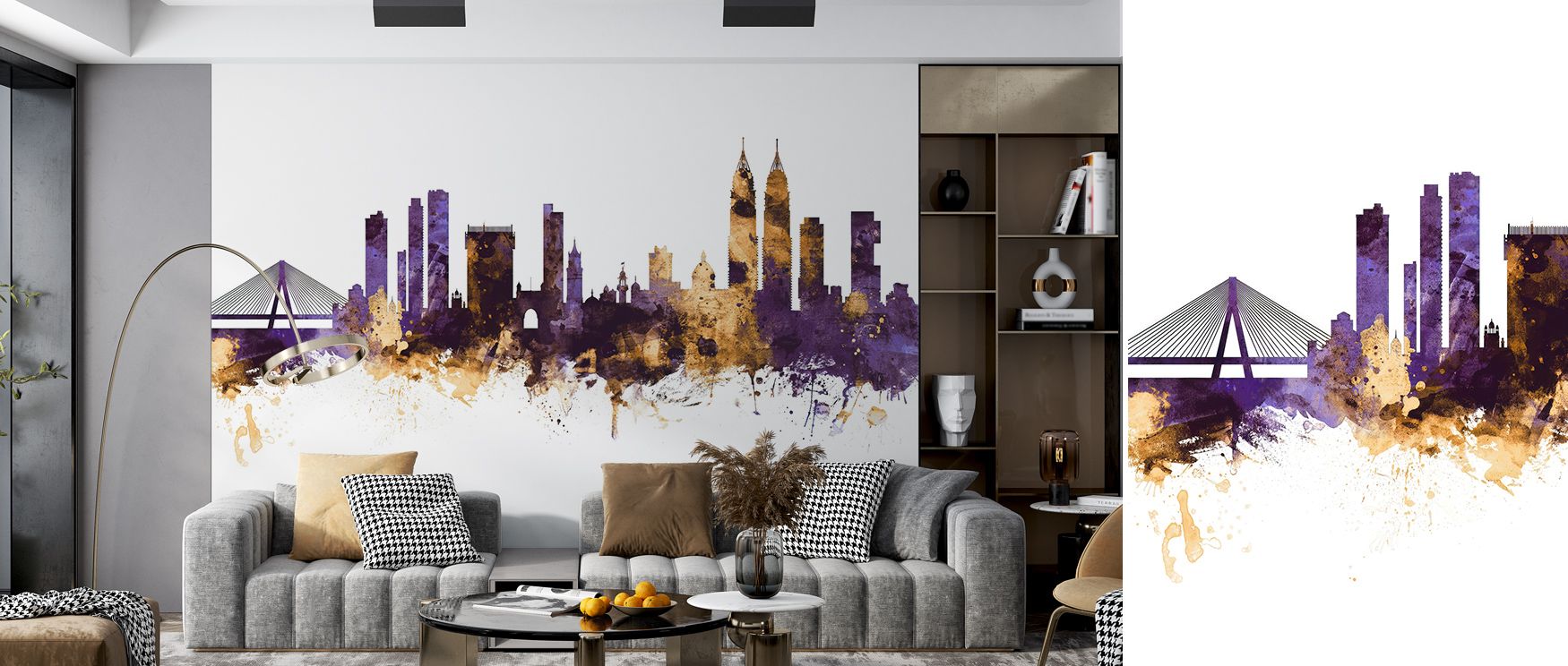 Evening light reflects across Mumbai Skyline India Bombay Purple & Gold Wallpaper, turning architecture into shimmering artistry. The mural radiates charm and cultural depth, illuminating interiors with warmth and balance. Its luxurious glow evokes emotio