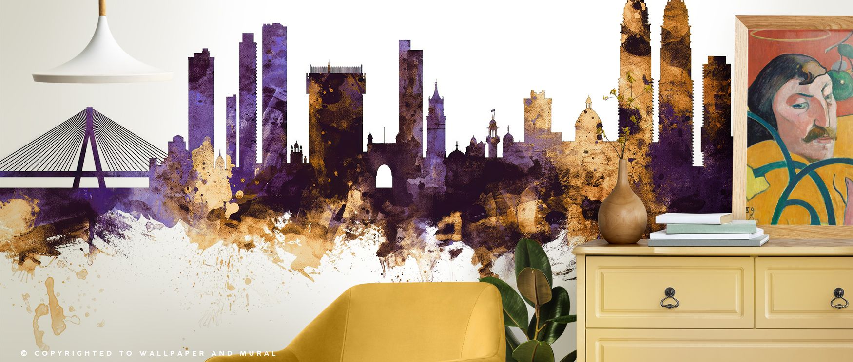Amber light merges with purple mist in Mumbai Skyline India Bombay Purple & Gold Wallpaper, creating a fluid interplay of energy and calm. The mural’s sophisticated palette brings elegance and confidence to interiors, capturing the beauty of architectural