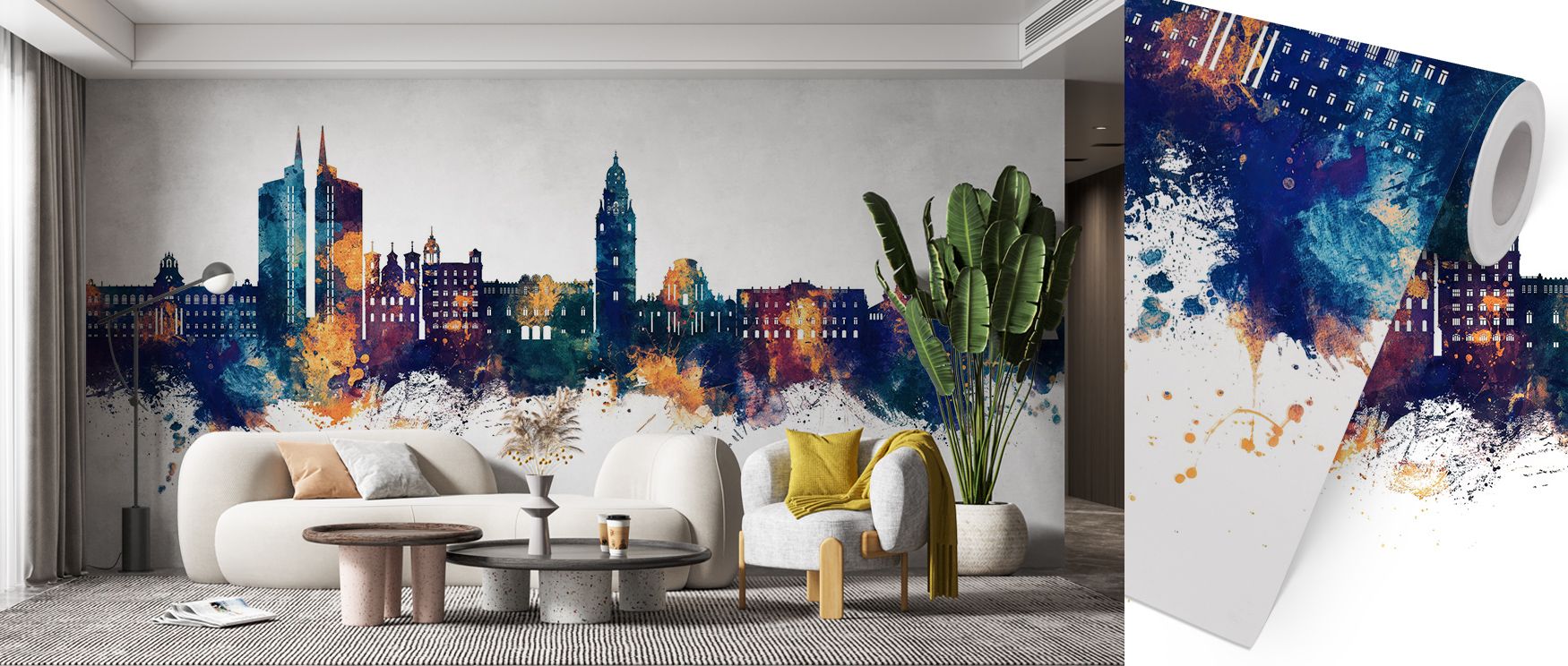 Reflections of light drift through Murcia Spain Skyline Blue & Bronze Wallpaper, revealing soft contrasts between metal and hue. The mural embodies elegance through restraint, creating visual poetry in tone and space. It enriches interiors with tranquil r