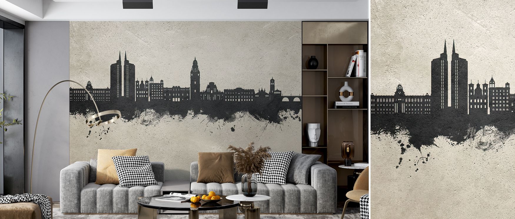 Gradual tonal shifts move through Murcia Spain Skyline Concrete Wallpaper, creating visual quiet and composure. Each silhouette stands in harmony, reflecting calm urban presence. The mural transforms interiors into serene environments of strength and mode