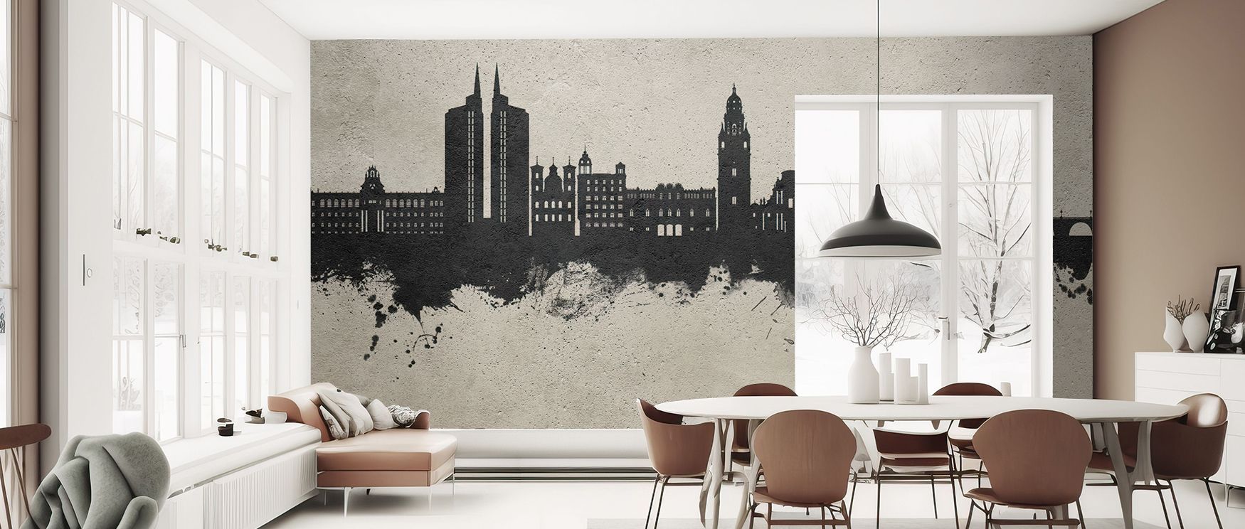 Concrete tones flow gently through Murcia Spain Skyline Concrete Wallpaper, revealing calm rhythm and urban refinement. The mural’s subtle palette invites light into modern spaces, emphasizing strength and serenity. It becomes a visual ode to architecture