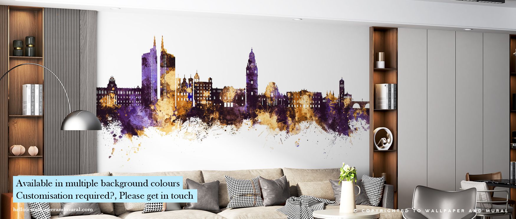 Soft gradients of violet and gold define Murcia Spain Skyline Purple & Gold Wallpaper, offering both tranquility and vibrance. Each silhouette reflects harmony between form and glow, creating depth through contrast. The mural enriches interiors with radia