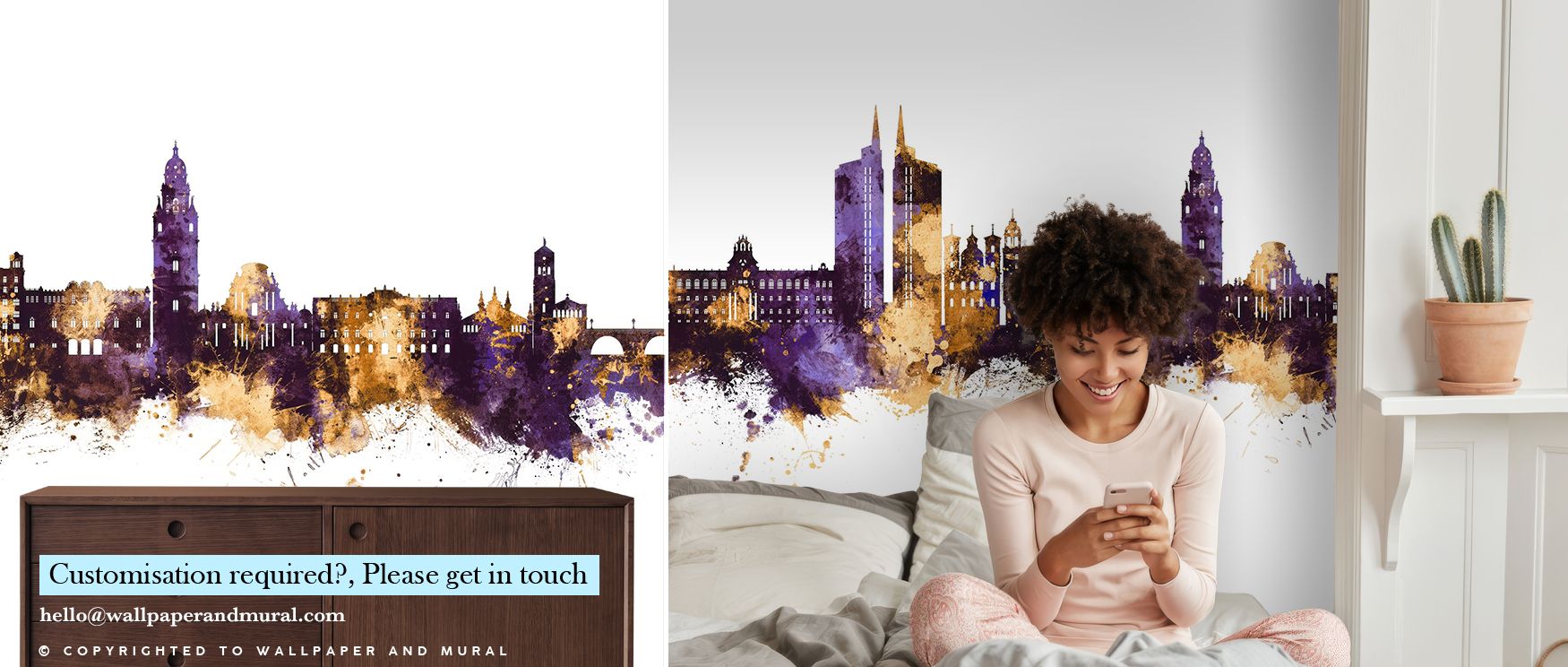 Sunset-inspired reflections move through Murcia Spain Skyline Purple & Gold Wallpaper, blending royal tones with metallic balance. Each structure gleams with quiet confidence, transforming interiors into radiant cityscapes of refinement. The design captur