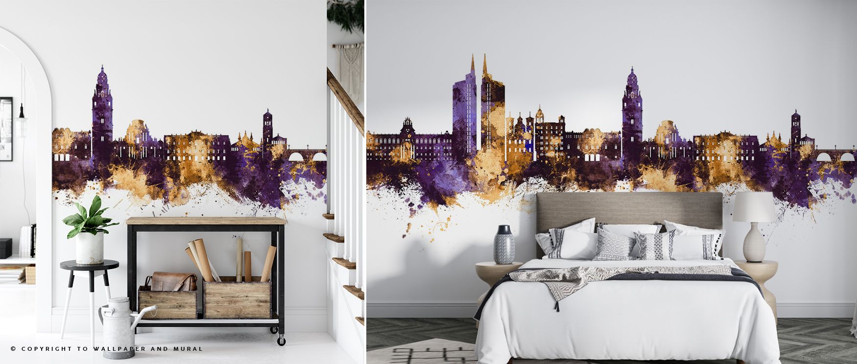 Deep violet shadows blend with gold illumination in Murcia Spain Skyline Purple & Gold Wallpaper, revealing rhythm and unity. The mural expresses calm confidence, filling interiors with light and composure. It embodies beauty through restraint, offering l