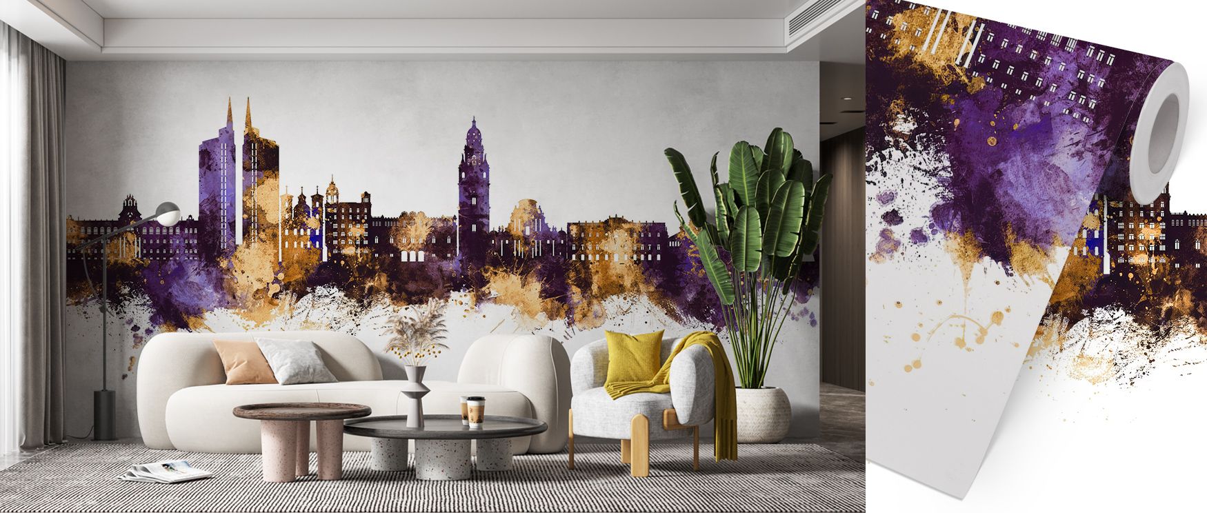 Elegant silhouettes shine within Murcia Spain Skyline Purple & Gold Wallpaper, glowing under soft radiant hues. Each transition reveals artistry and emotion, infusing interiors with harmony. The design’s visual depth reflects warmth, sophistication, and s