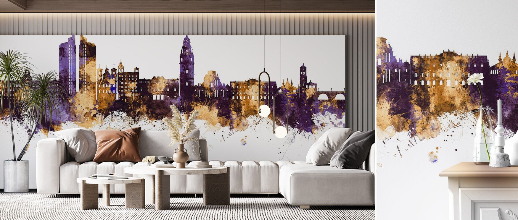 Amethyst skies meet golden horizons in Murcia Spain Skyline Purple & Gold Wallpaper, producing an atmosphere of subtle grandeur. The mural’s smooth gradients flow naturally, enhancing interiors with warmth and quiet balance. Perfect for refined modern spa