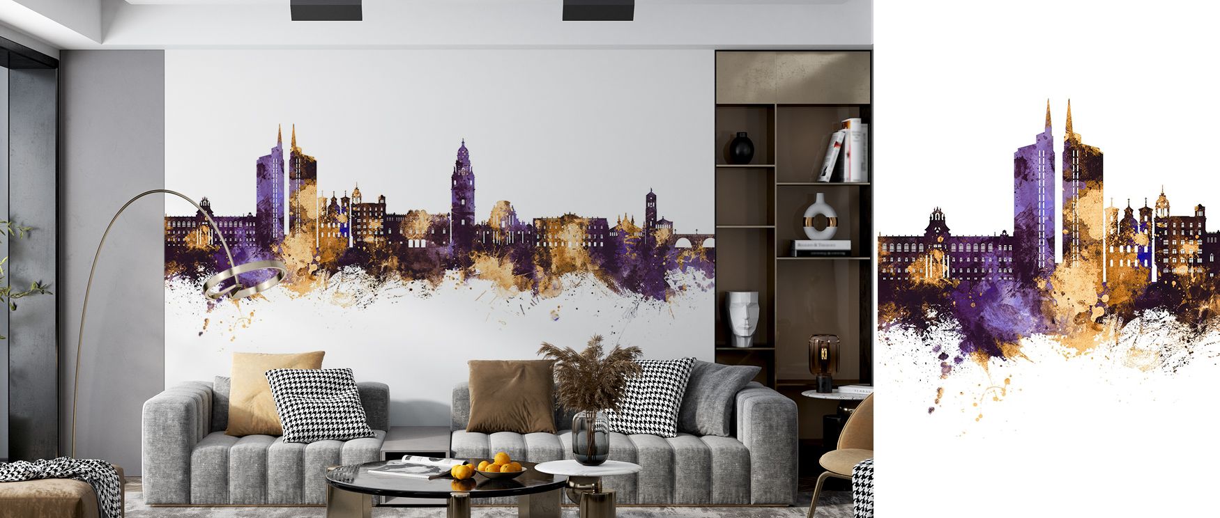 Layers of violet shadow melt into gold highlights across Murcia Spain Skyline Purple & Gold Wallpaper, portraying elegance in rhythm and color. Each detail reflects refinement and serenity, transforming interiors into luminous city portraits filled with m