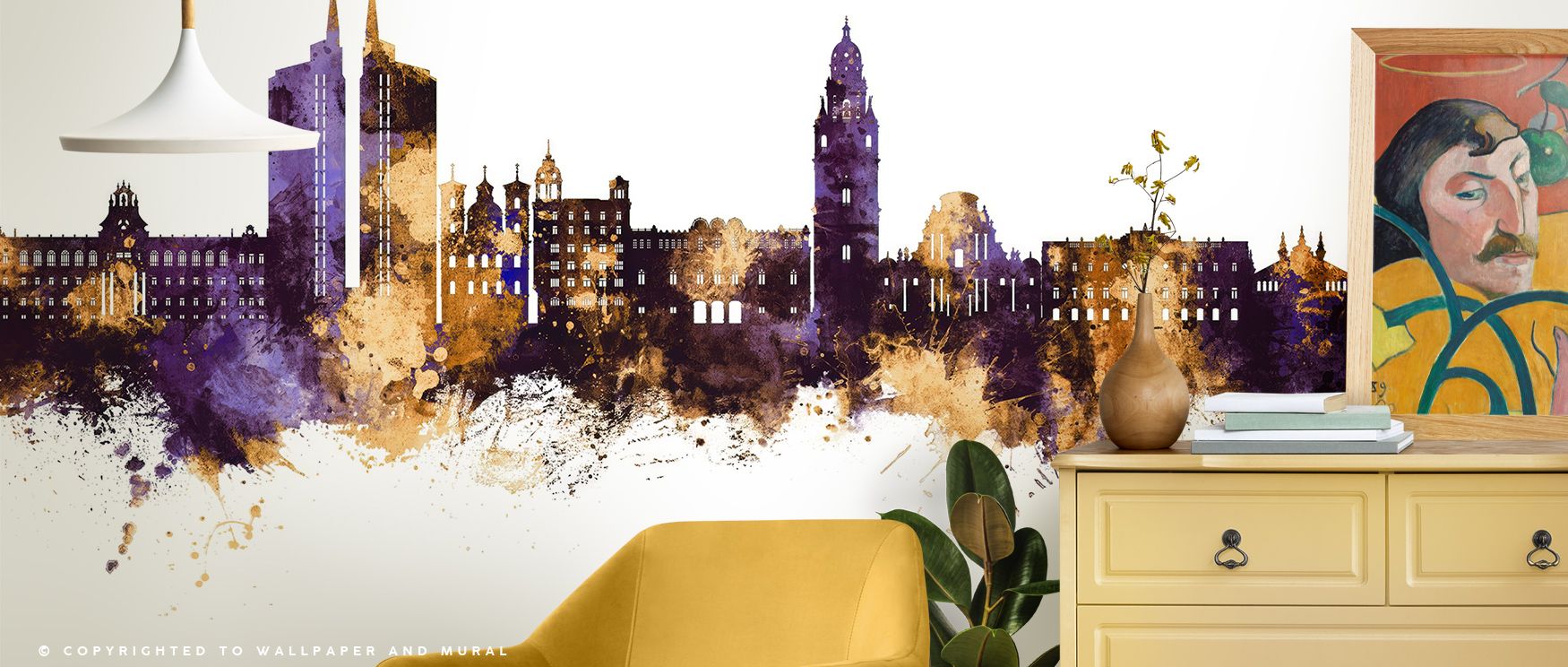 Glistening golden contours trace the skyline across Murcia Spain Skyline Purple & Gold Wallpaper, embodying the city’s rhythm and luminosity. The mural enriches interiors with energy and sophistication, adding dimension through subtle movement and light r