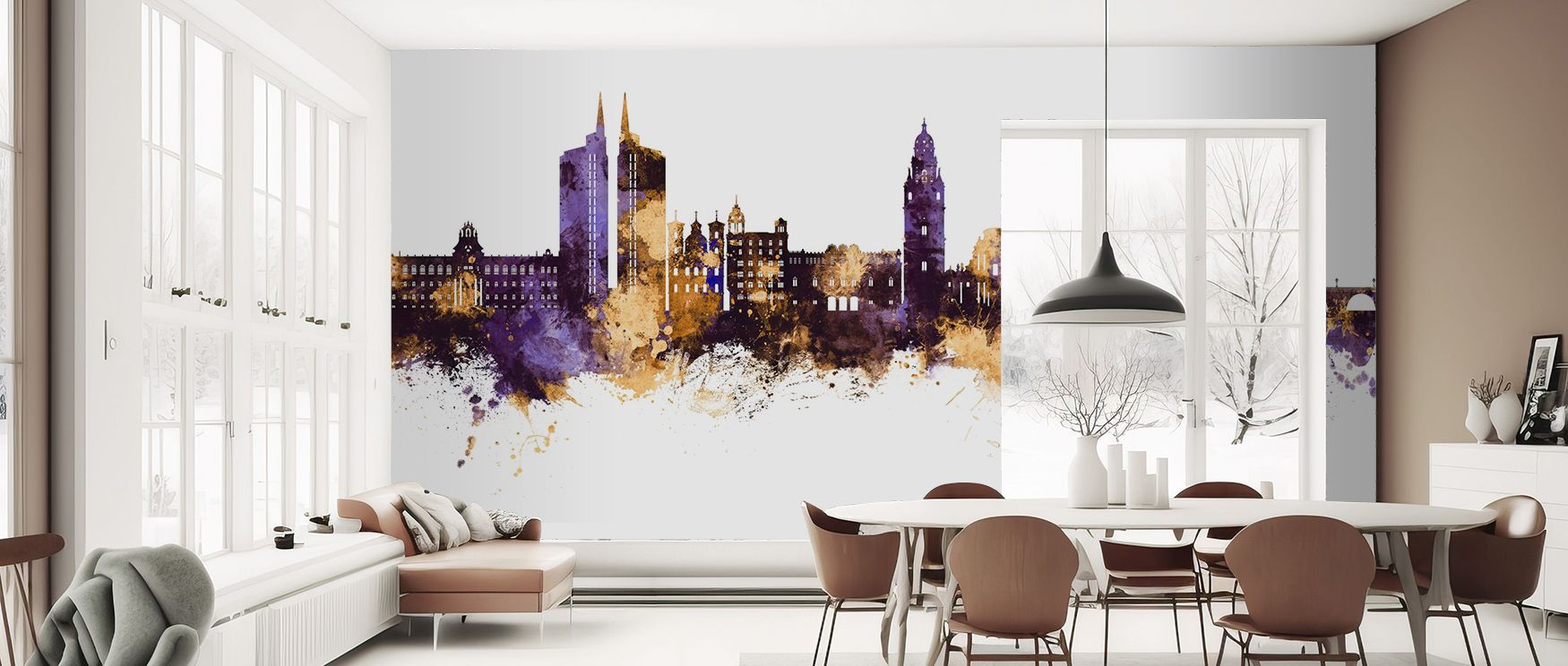 Radiant hues of purple and gold unfold through Murcia Spain Skyline Purple & Gold Wallpaper, blending depth and calm. The mural captures emotion through tone, creating an elegant visual story of contrast and composition. It adds warmth and grace to modern