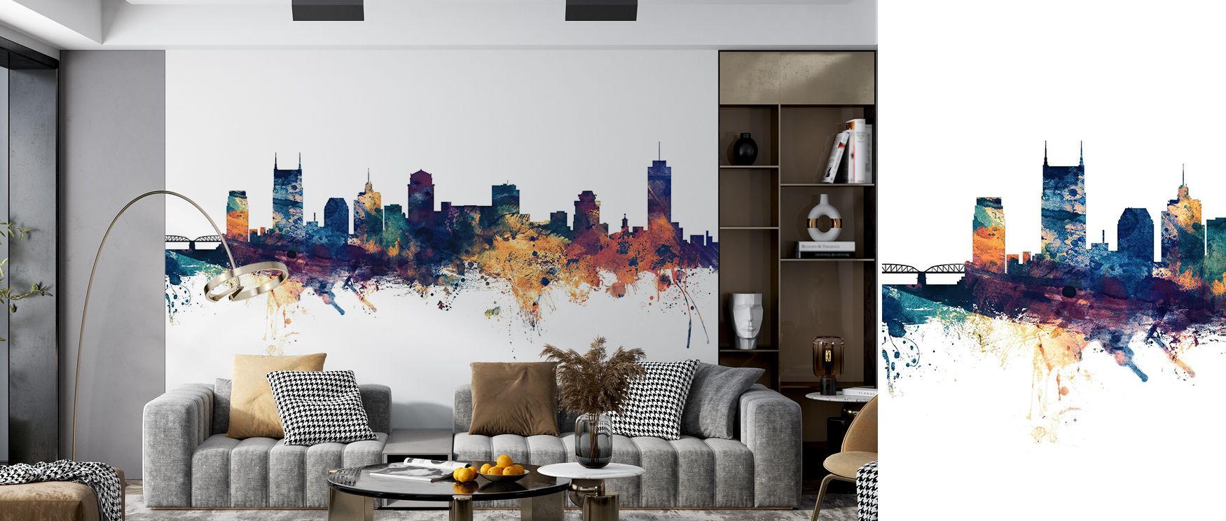Sapphire light merges with golden warmth in Nashville Tennessee Skyline Blue & Bronze Wallpaper, expressing the city’s balance between movement and peace. The mural’s layered hues evoke confidence and charm, enriching interiors with texture and tone that 