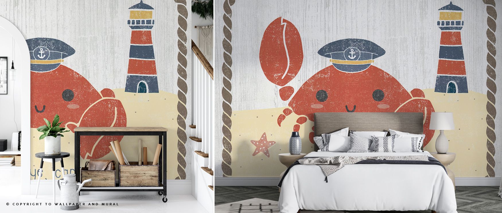 Soft waves of blue surround coral crabs in Nautical Friends Crabby Wallpaper, evoking the playfulness of the coast. The design blends simplicity with animation, filling interiors with energy and joy. Its rhythm mirrors ocean currents, ideal for rooms seek