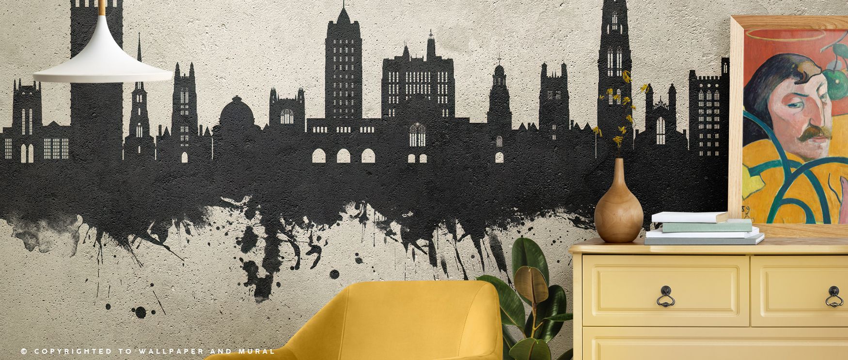 Smoky tones drift through the skyline in New Haven Connecticut Skyline Concrete Wallpaper, expressing serenity through urban rhythm. The mural enhances interiors with subtle geometry, creating balance through line and proportion. It reflects the art of st