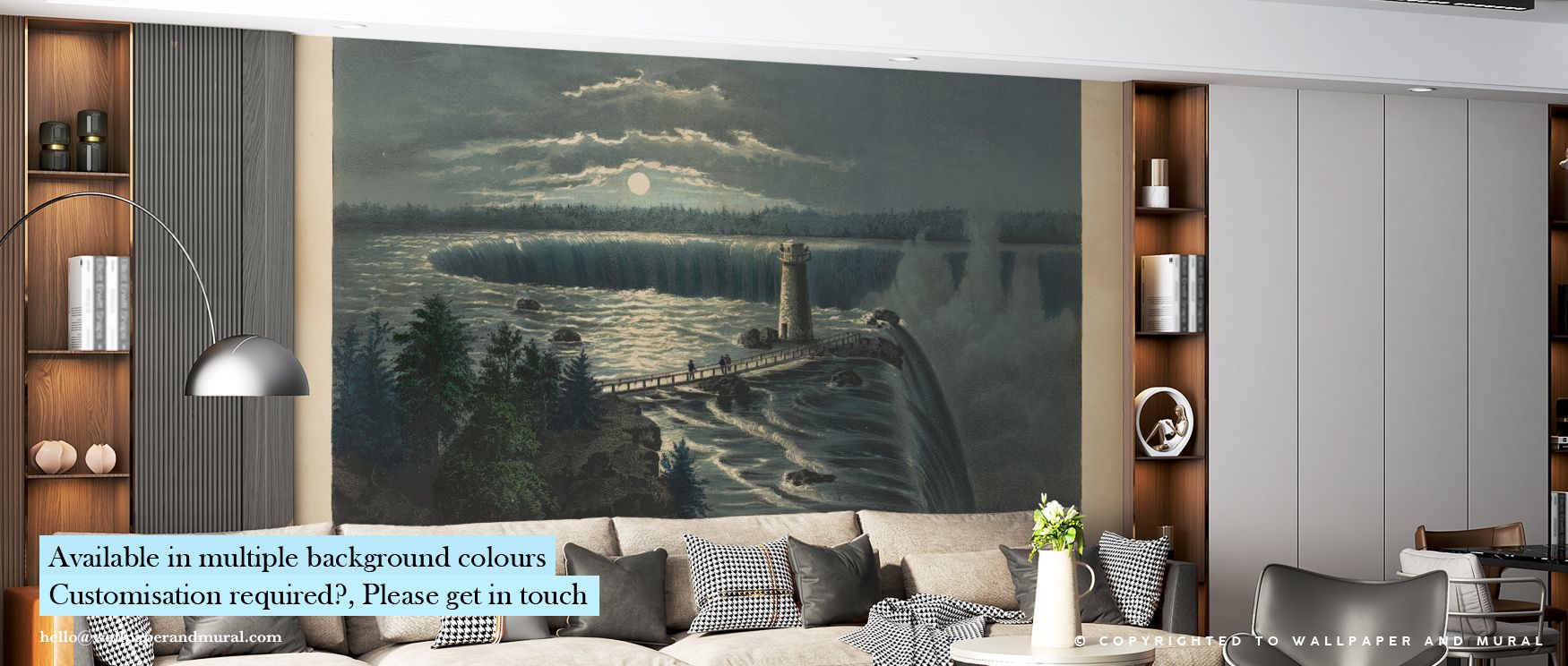 Hazy light drifts through cascading water in Niagara Falls 1860 Wallpaper, merging detail and emotion. The mural’s soft tonal gradients create visual depth, adding balance and warmth. It conveys historical artistry and natural brilliance, transforming int