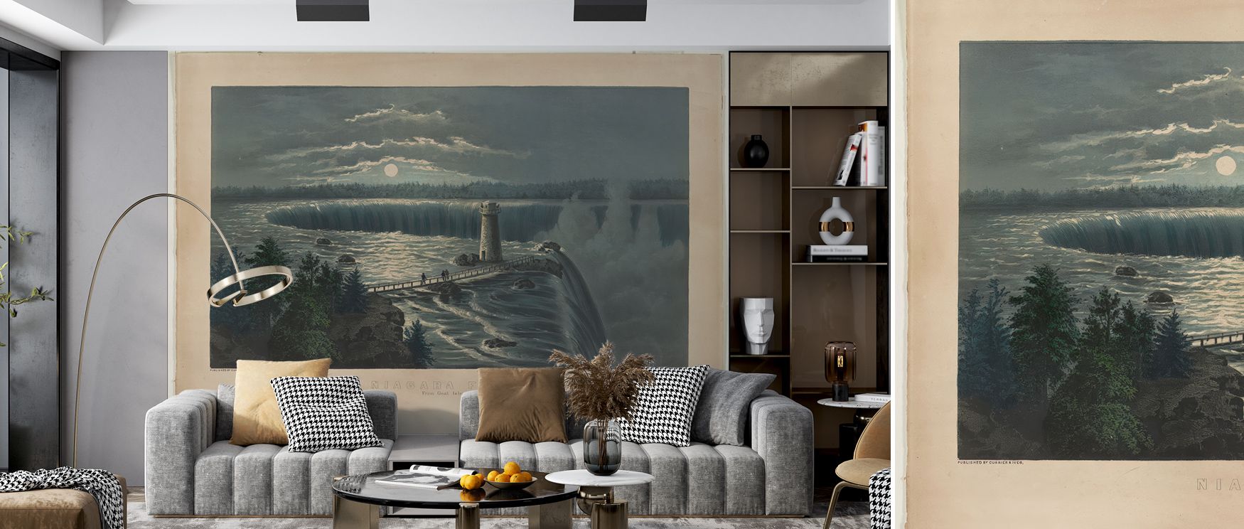 Flowing water and mist converge in Niagara Falls 1860 Wallpaper, evoking natural majesty through restrained design. The mural’s detail feels alive, offering interiors both peace and movement. It embodies classical artistry, turning spaces into reflections