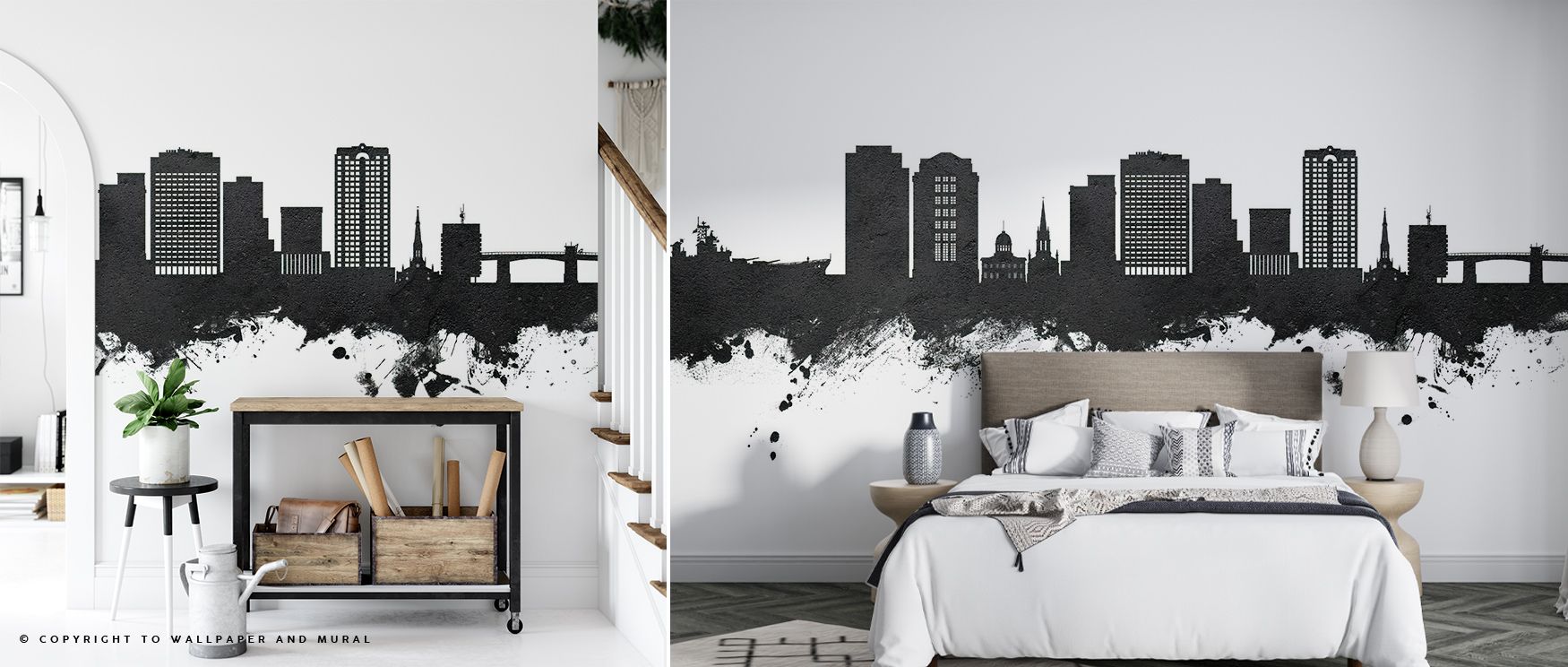 Glimmers of light weave across Norfolk Virginia Skyline Black & White Wallpaper, defining shape and rhythm. Each element feels deliberate, contributing to harmony between architecture and artistry. The mural’s subtle tonal interplay creates warmth and dep