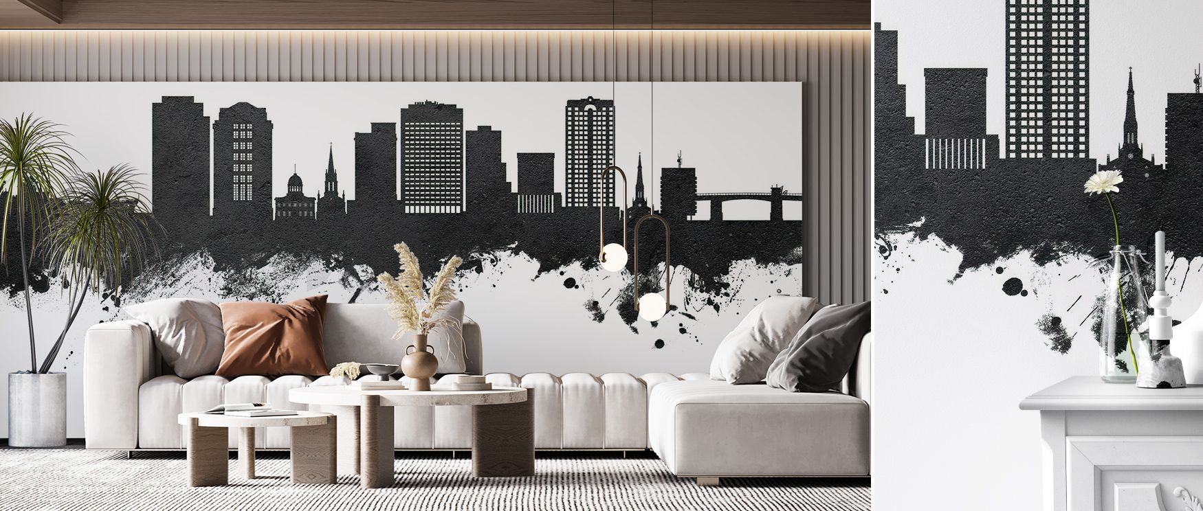 Soft luminosity spreads through Norfolk Virginia Skyline Black & White Wallpaper, highlighting form and grace. Each line glows gently against shadow, embodying architectural confidence. The mural adds atmosphere and calm to interiors, offering quiet stren