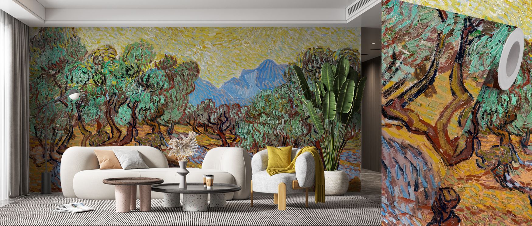 Muted greens shimmer through Olive Trees Wallpaper, illuminating walls with calm sophistication. The design expresses strength and stillness, embodying nature’s elegance. Each branch weaves through light and air, offering interiors balance, texture, and r