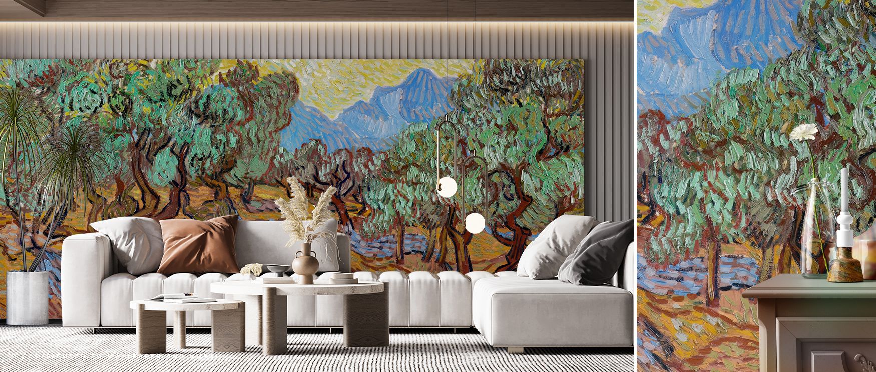 Hues of moss and silver-gray blend through Olive Trees Wallpaper, revealing depth and serenity. The mural’s layered tones mirror nature’s quiet endurance, creating harmony and rhythm. It fills interiors with grounded calm, offering peaceful sophistication
