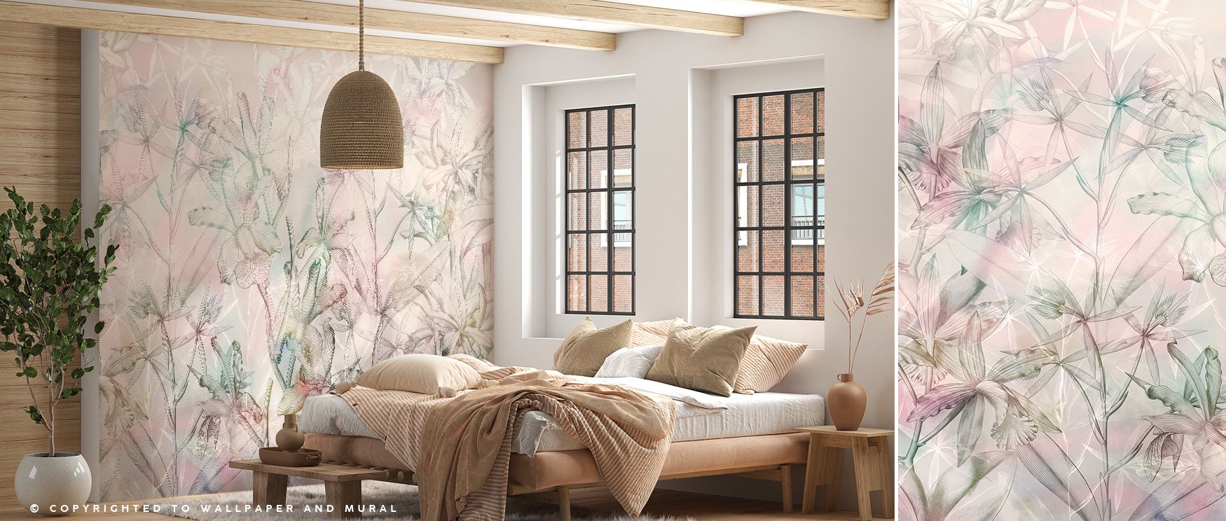Soft petals unfurl gracefully across Orchid Mirage Wallpaper, revealing balance and luminosity through layered design. Each orchid glows with depth and clarity, creating visual rhythm and calm. The mural embodies floral sophistication, transforming interi