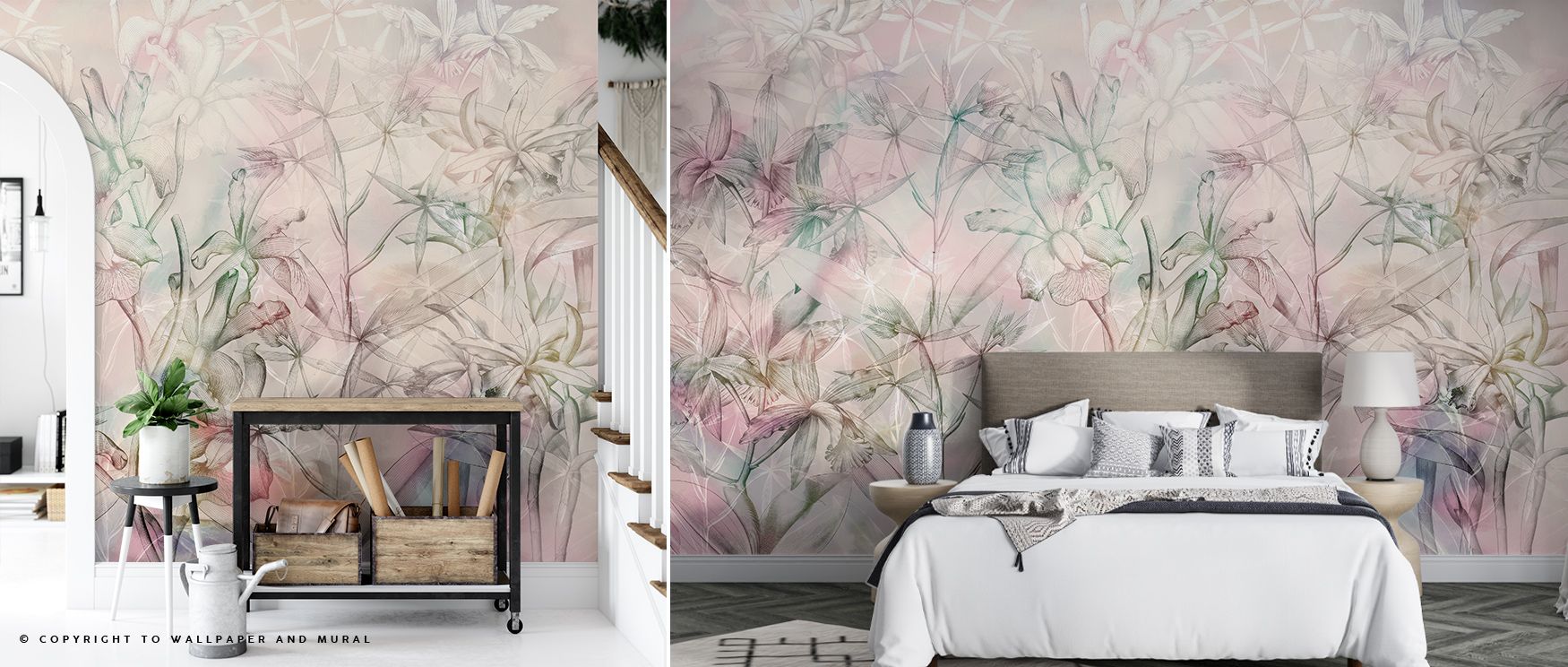 Pale pink and muted lilac hues shimmer across Orchid Mirage Wallpaper, forming a seamless dance of tone and air. Each petal conveys quiet poise, filling interiors with balance and flow. The design enhances walls with depth and tranquility, celebrating ele