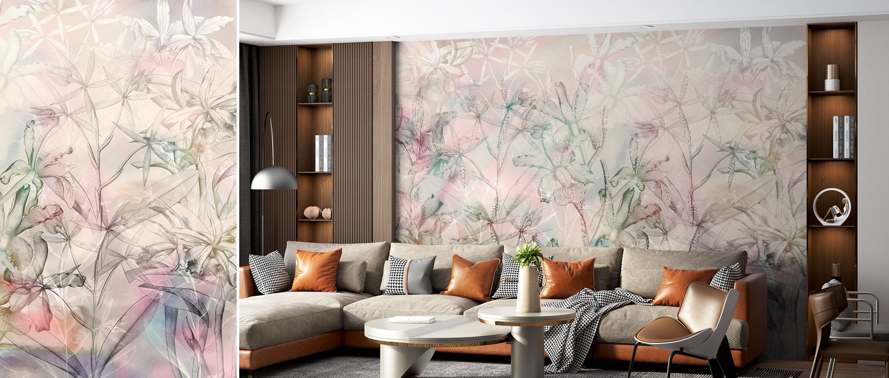 Orchid silhouettes shimmer subtly within Orchid Mirage Wallpaper, forming visual poetry through soft contrast. Each curve adds rhythm and texture, enriching interiors with elegance. The mural brings balance and freshness, creating an atmosphere of gentle 