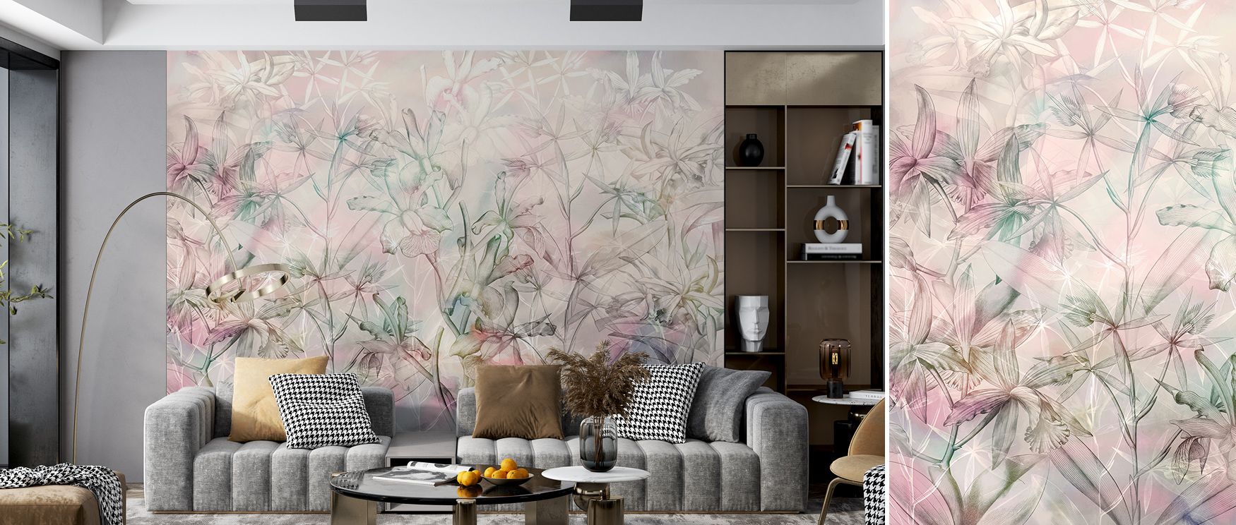 Warm blush and cream tones bloom across Orchid Mirage Wallpaper, composing stillness and grace. Each orchid feels sculpted in light, offering subtle depth. The mural enhances interiors with floral delicacy, turning walls into luminous spaces that breathe 
