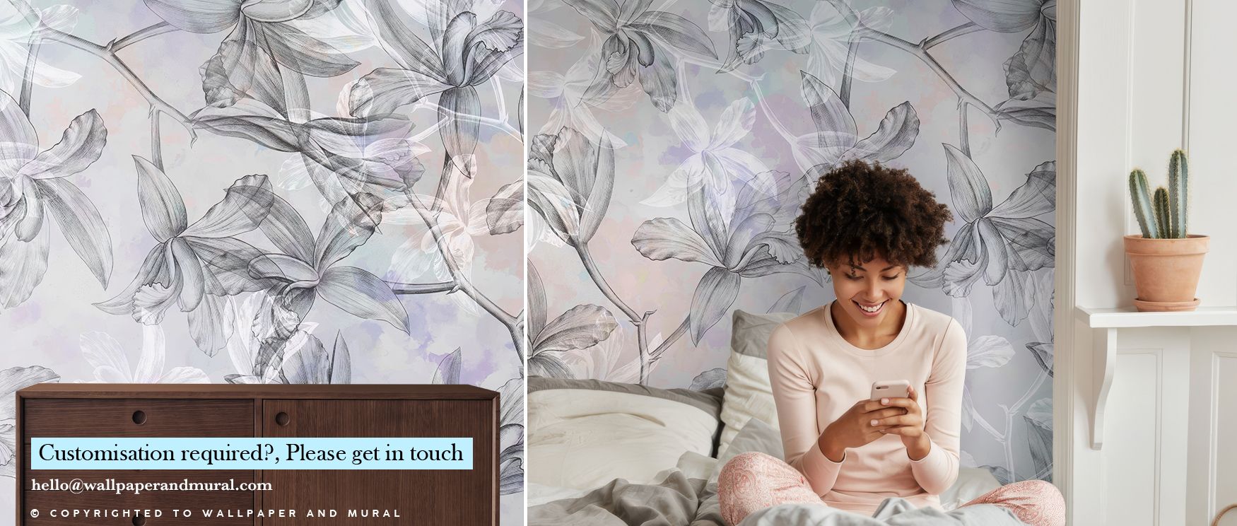 Subtle lilac tones drift through Orchids on Water in Purple Accent Wallpaper, capturing light and stillness. Each orchid appears suspended, blending softness and depth. The mural radiates tranquility and composure, ideal for interiors that value flow, bal
