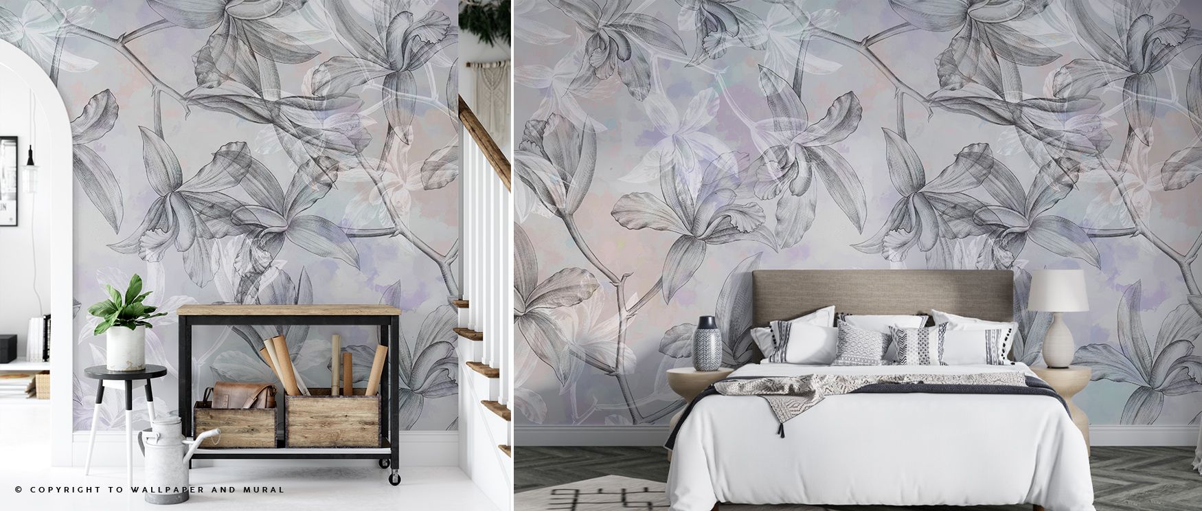 Purple-tinted waters shimmer beneath white orchids in Orchids on Water in Purple Accent Wallpaper, creating calm serenity. Each reflection adds dimension and harmony. The mural expresses sophistication through restraint, turning interiors into peaceful ha