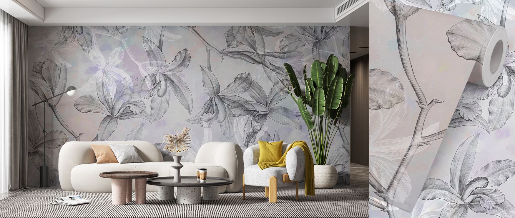 Soft blooms glide across reflective tones in Orchids on Water in Purple Accent Wallpaper, merging grace and calm. Each petal conveys composure, enriching interiors with quiet refinement. The mural celebrates stillness and natural rhythm, enhancing spaces 